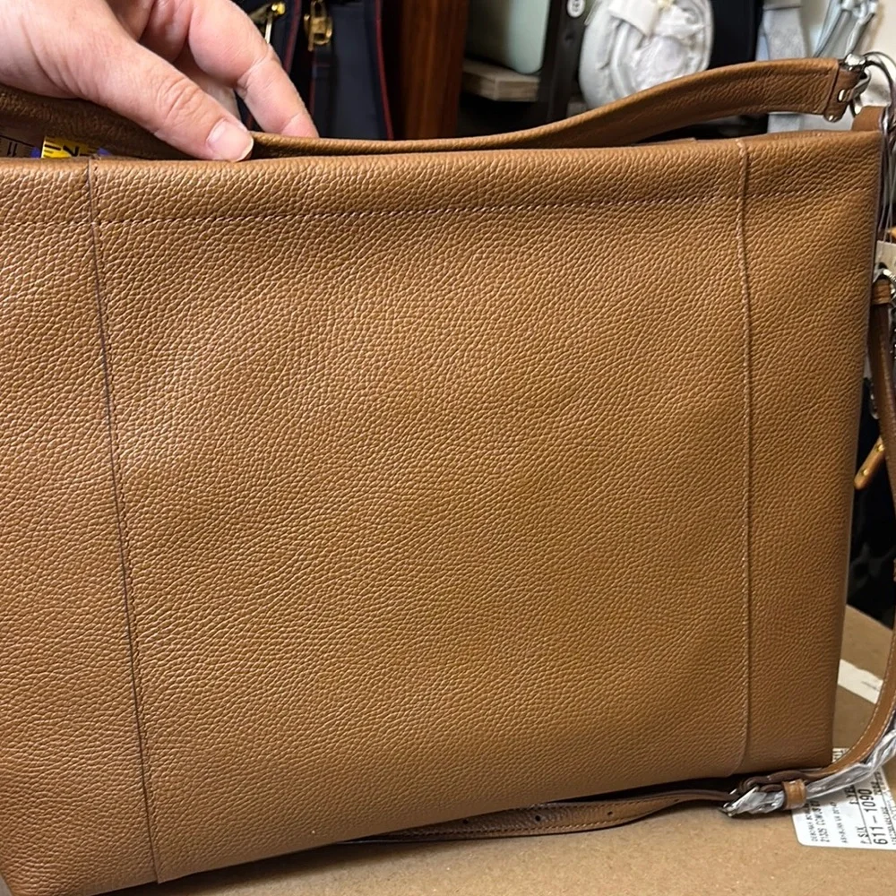 Coach Tan Leather Messenger Bag with Pebbled Texture
